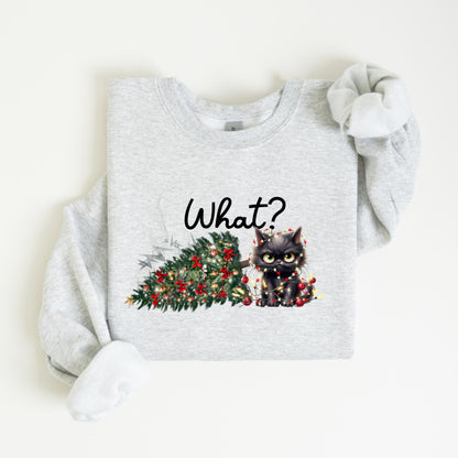 May include: Light gray sweatshirt with a graphic of a black cat tangled in Christmas lights next to a fallen Christmas tree. The word "What?" is written above the cat and tree.