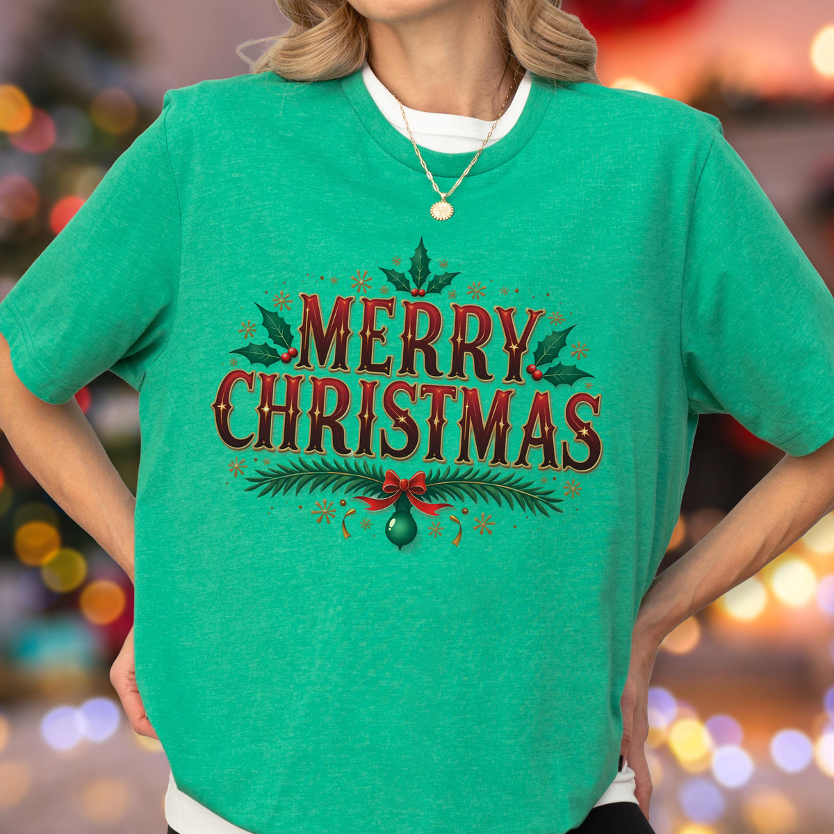 May include: A heather green short-sleeve t-shirt featuring the text Merry Christmas in a dark red font with gold outlines. The design is decorated with green holly leaves, red berries, pine branches, a red bow, and small gold snowflakes.
