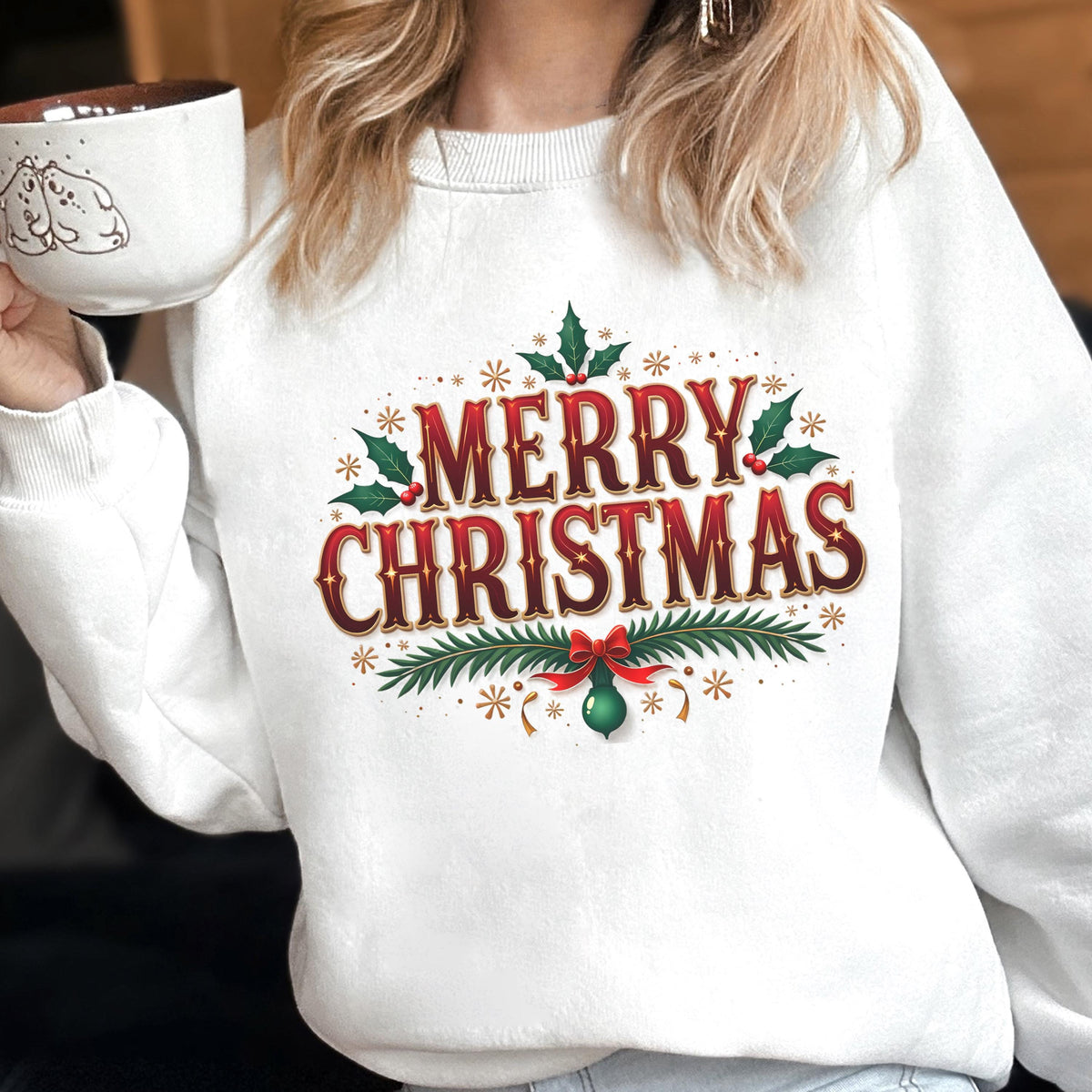 May include: White sweatshirt with a festive "MERRY CHRISTMAS" design in red and gold. The design includes holly leaves, snowflakes, and a green ornament with a red bow, perfect for the holiday season.