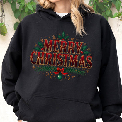 May include: Black hooded sweatshirt with a festive "MERRY CHRISTMAS" design in red and gold. The design includes holly, a green bow, and decorative elements. A cozy holiday-themed apparel item.