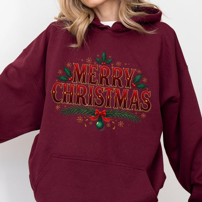 May include: Burgundy hooded sweatshirt with the text "MERRY CHRISTMAS" in red and green. The text is surrounded by festive holiday elements, including holly leaves, berries, snowflakes, and a green ornament with a red bow.