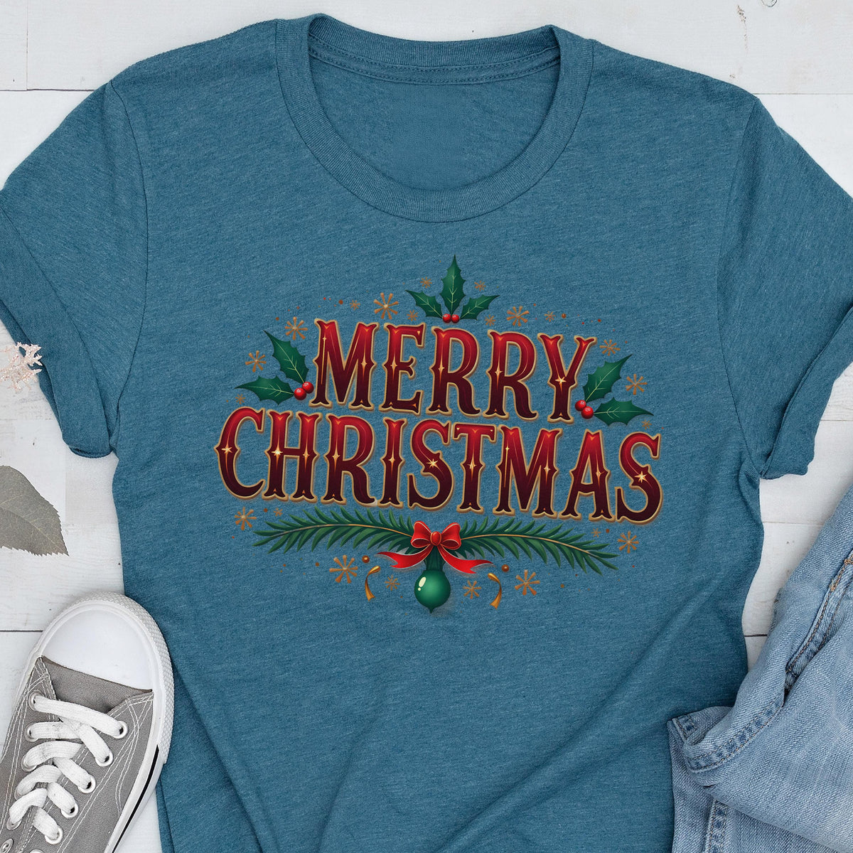 May include: A heathered teal blue short-sleeve t-shirt featuring the text Merry Christmas in a bold red font with gold outlines. The design is decorated with green holly leaves, red berries, pine branches, and a small green ornament with a red bow.