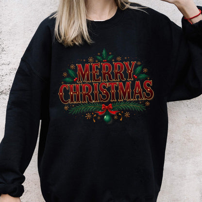 May include: Black sweatshirt with a festive "MERRY CHRISTMAS" design in red and gold. The design includes holly, snowflakes, a green ornament, and a red bow. A holiday-themed apparel item.
