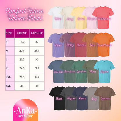 May include: A display of Comfort Colors unisex t-shirts in various colors, including white, violet, and black. The image includes a size chart with chest and length measurements in inches. The text "Comfort Colors Unisex Tshirt" is at the top.