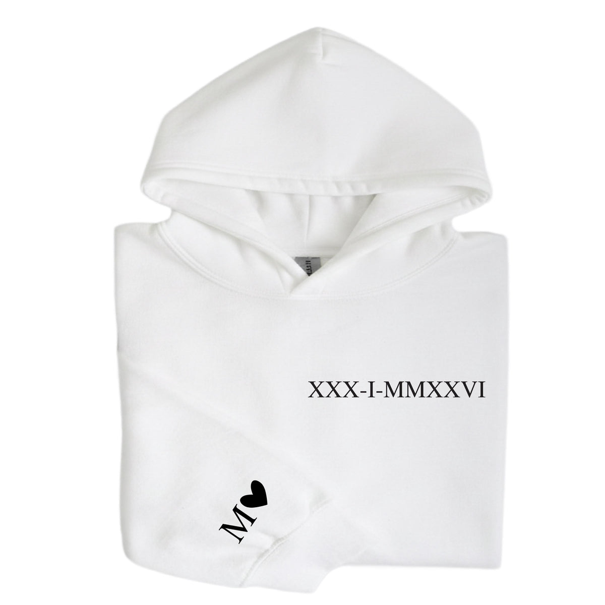 May include: A white hooded sweatshirt featuring black text on the chest that reads XXX-I-MMXXVI. The left sleeve cuff displays the letter M followed by a small black heart symbol. The garment has a standard hood, long sleeves, and a front pocket.