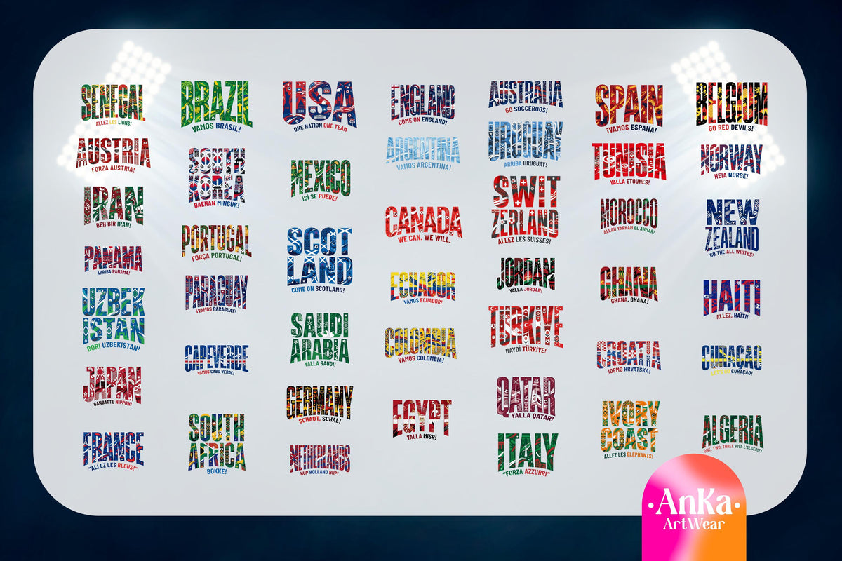 May include: A graphic featuring the names of various countries, each rendered in a unique, colorful, and textured font. The names are arranged in a grid, with a white background and a dark blue border.