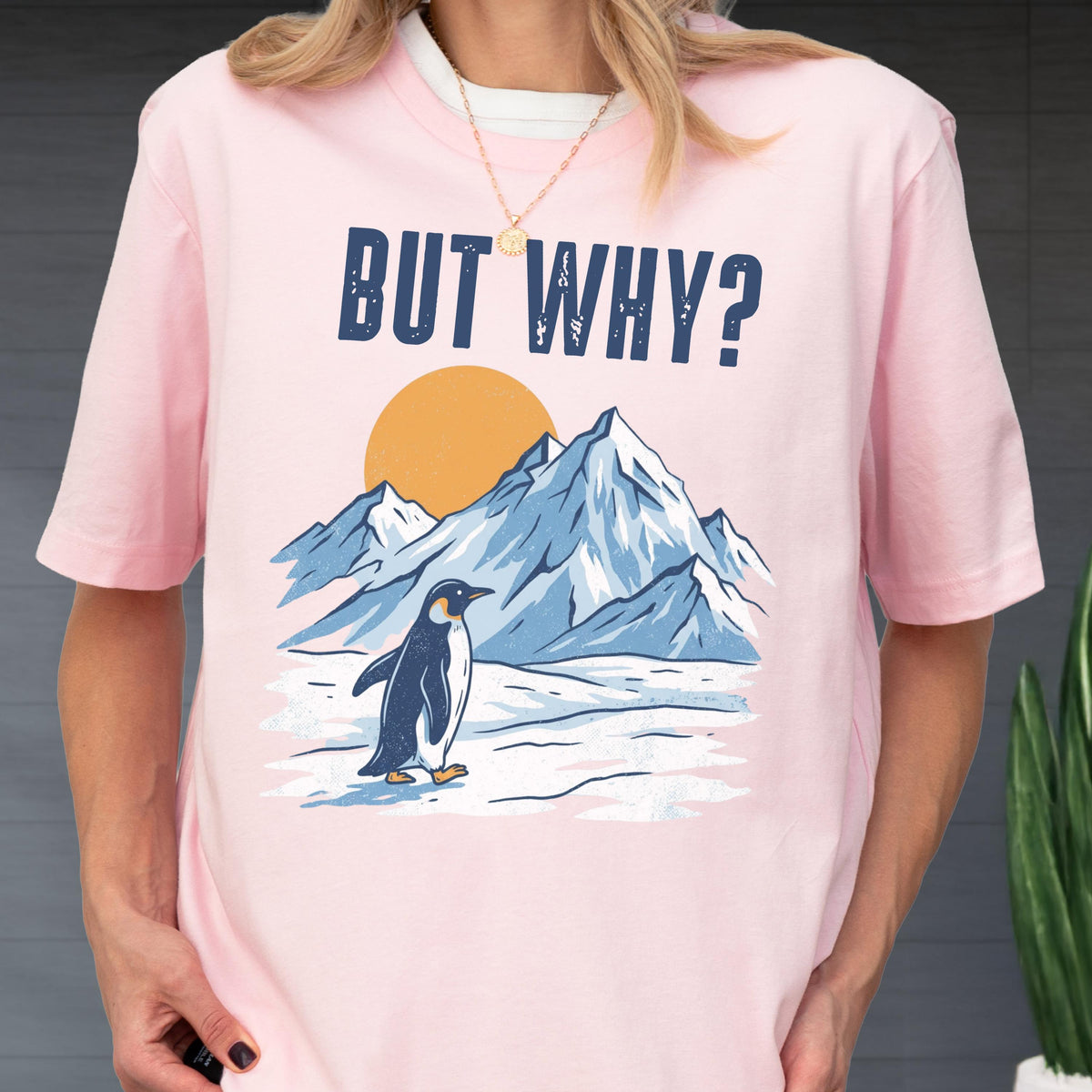 May include: Pink t-shirt with the text "BUT WHY?" above a graphic of a penguin standing in front of snow-covered mountains and a yellow sun. The penguin is black and white.
