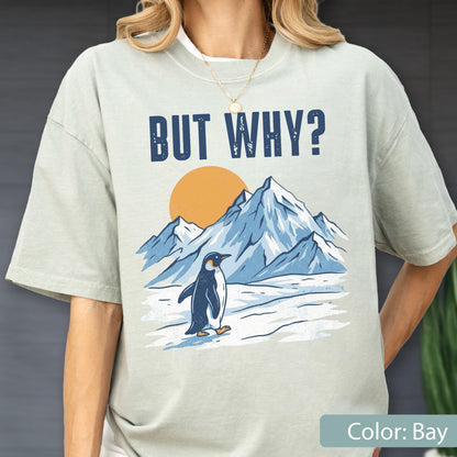 May include: Bay-colored t-shirt with a graphic of a penguin in front of snow-covered mountains and a setting sun. The text "BUT WHY?" is printed above the graphic in navy blue. The shirt is a casual style.