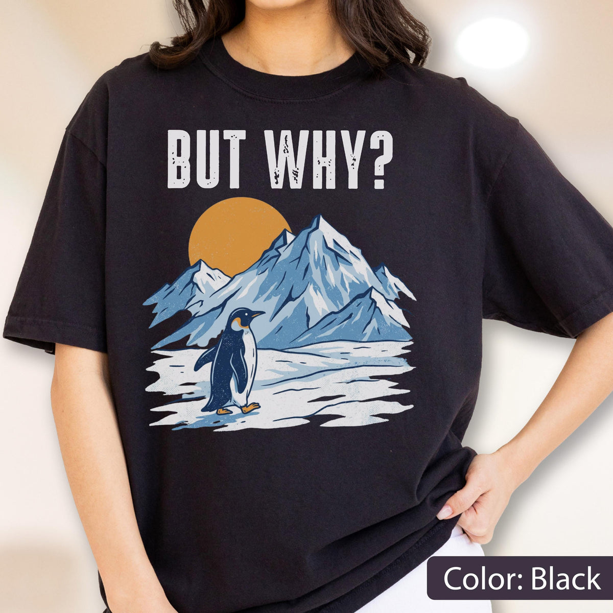 May include: Black t-shirt with a graphic of a penguin standing in front of mountains and a sun. The text "BUT WHY?" is printed above the graphic in white block letters. The shirt is a solid black color.