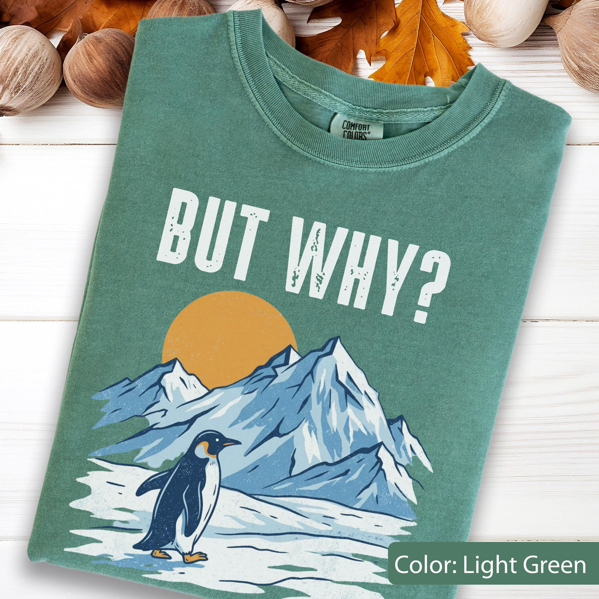 May include: Light green t-shirt with the text "BUT WHY?" above a graphic of a penguin, mountains, and a sun. The penguin is black and white, and the mountains are blue. The sun is orange.