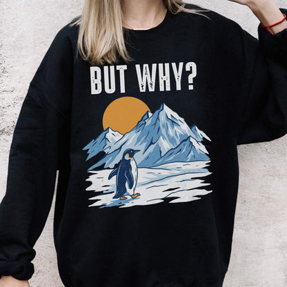 May include: Black sweatshirt with a graphic of a penguin standing in front of mountains and a sun. The text "BUT WHY?" is printed above the graphic in white block letters. The sweatshirt is a crew neck.