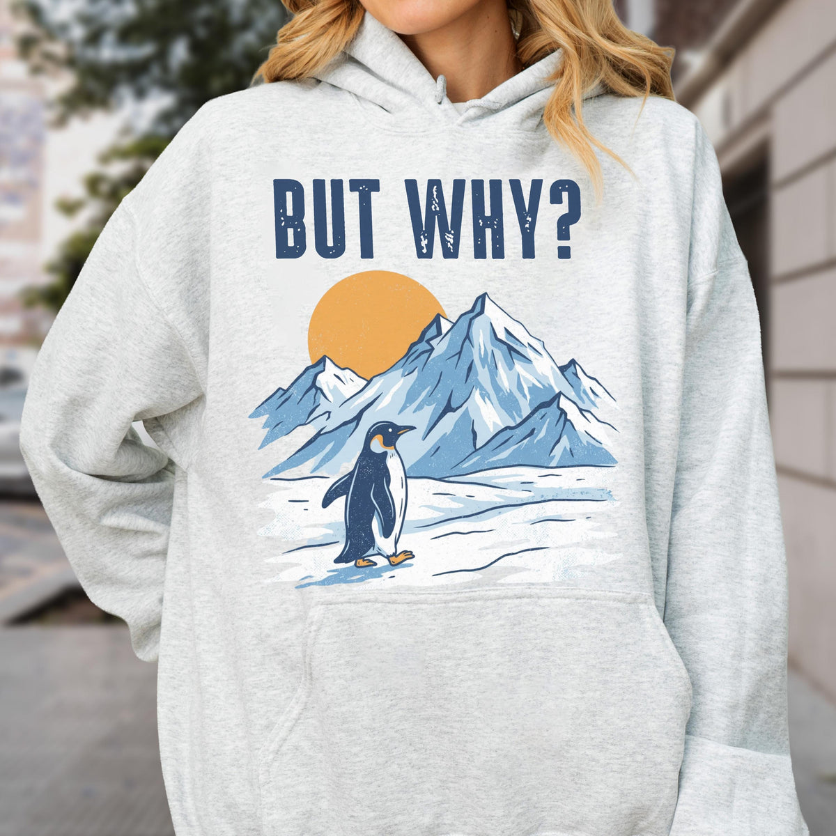 May include: A light gray hoodie featuring a graphic of a penguin in front of a mountain range and a sun. The text "BUT WHY?" is above the graphic in navy blue block letters. The hoodie has a drawstring hood and a kangaroo pocket.