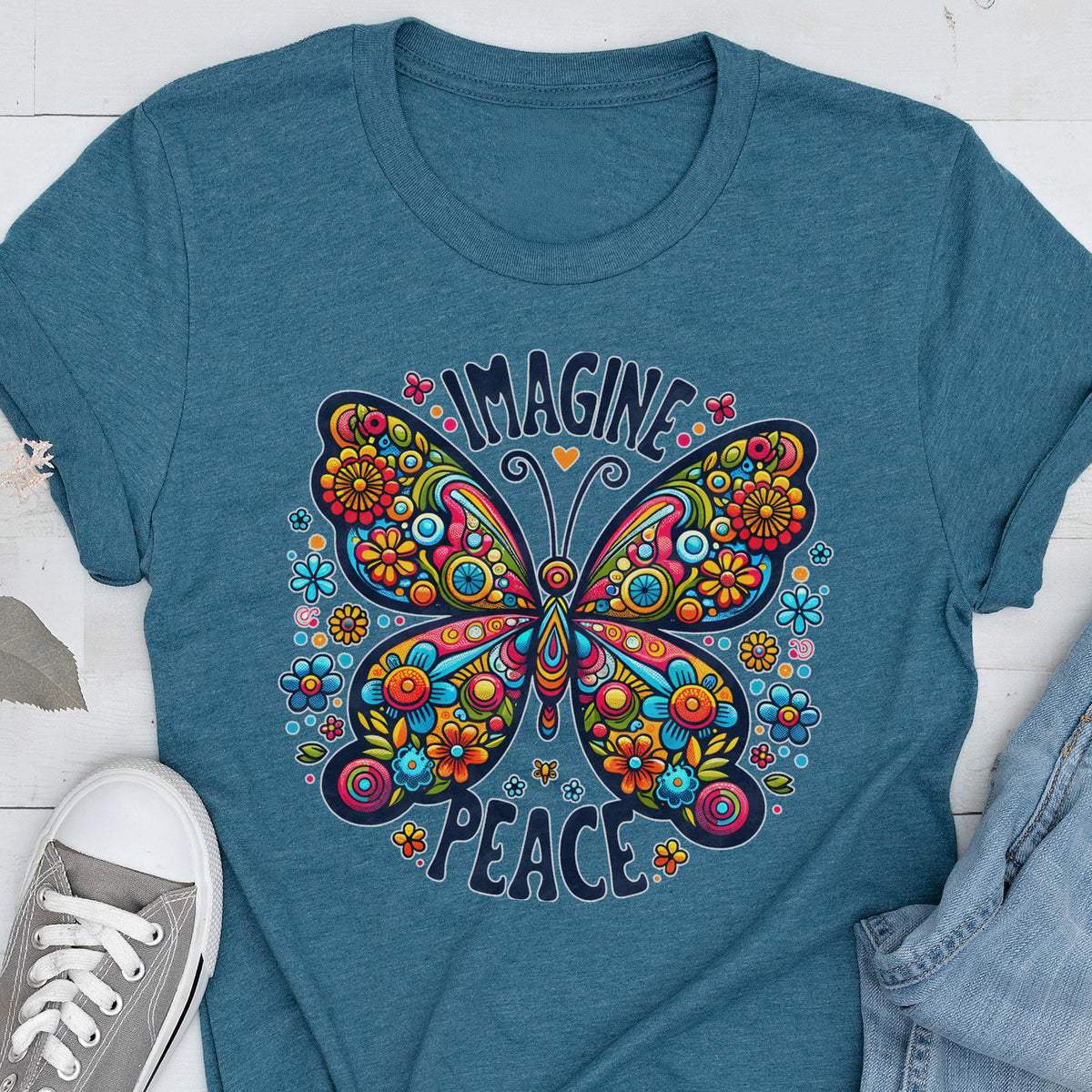 Imagine Peace Shirt, Colorful Butterfly Graphic Tee, Hippie Boho Style T-Shirt, Floral Retro Gift Top, Positive Message Shirt Gift