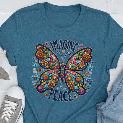 Imagine Peace Shirt, Colorful Butterfly Graphic Tee, Hippie Boho Style T-Shirt, Floral Retro Gift Top, Positive Message Shirt Gift