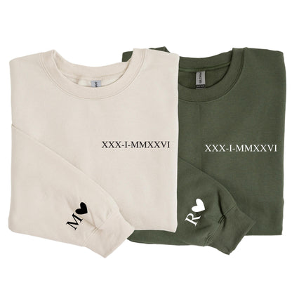Custom Roman Numeral Sweatshirt – Hoodie, Anniversary Date Sleeve Initials Sweat