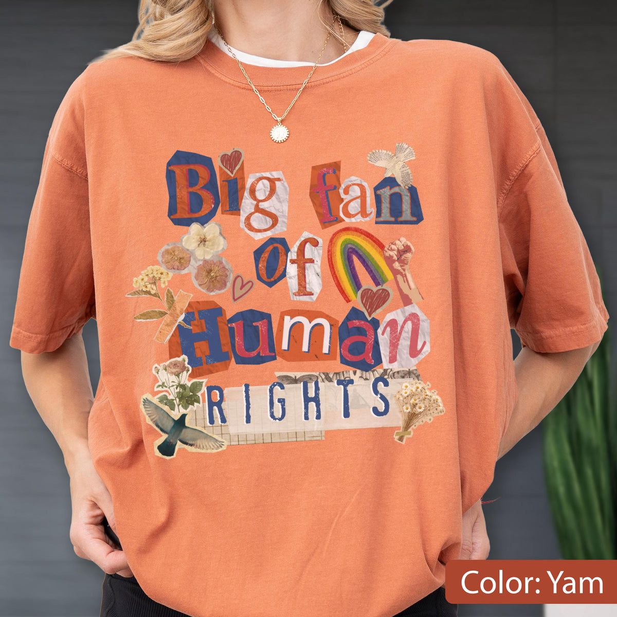 May include: Orange short-sleeved t-shirt with the text "Big fan of Human Rights" in a collage style. The design includes a rainbow, flowers, and a dove. The shirt is a yam color.
