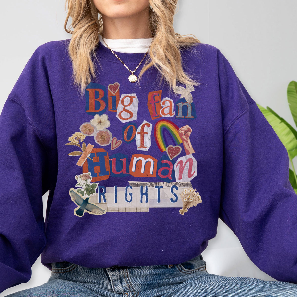 May include: A purple sweatshirt with the text "Big fan of Human Rights" in a collage style. The design includes a rainbow, hearts, and floral elements. The sweatshirt has long sleeves and a crew neck.