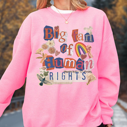 May include: Pink sweatshirt with the text "Big fan of Human Rights" in a collage style. The design includes a rainbow, flowers, and other decorative elements. The sweatshirt has a crew neck.