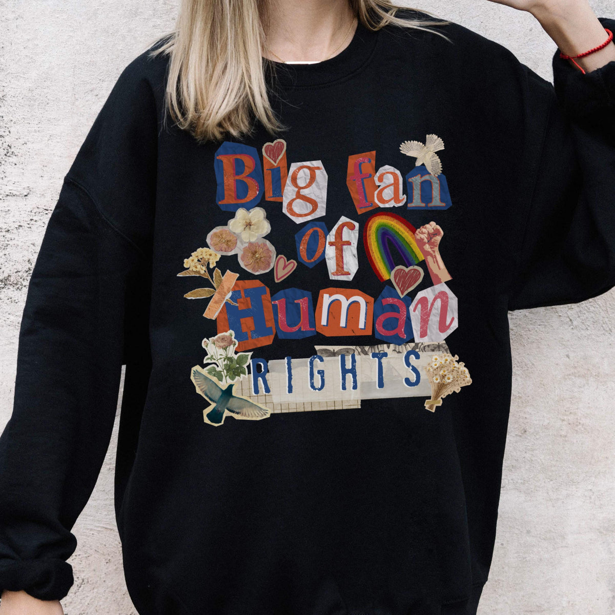 May include: Black sweatshirt with the text "Big fan of Human Rights" in a collage style. The design includes a rainbow, hearts, flowers, and a raised fist. The sweatshirt is a crew neck.