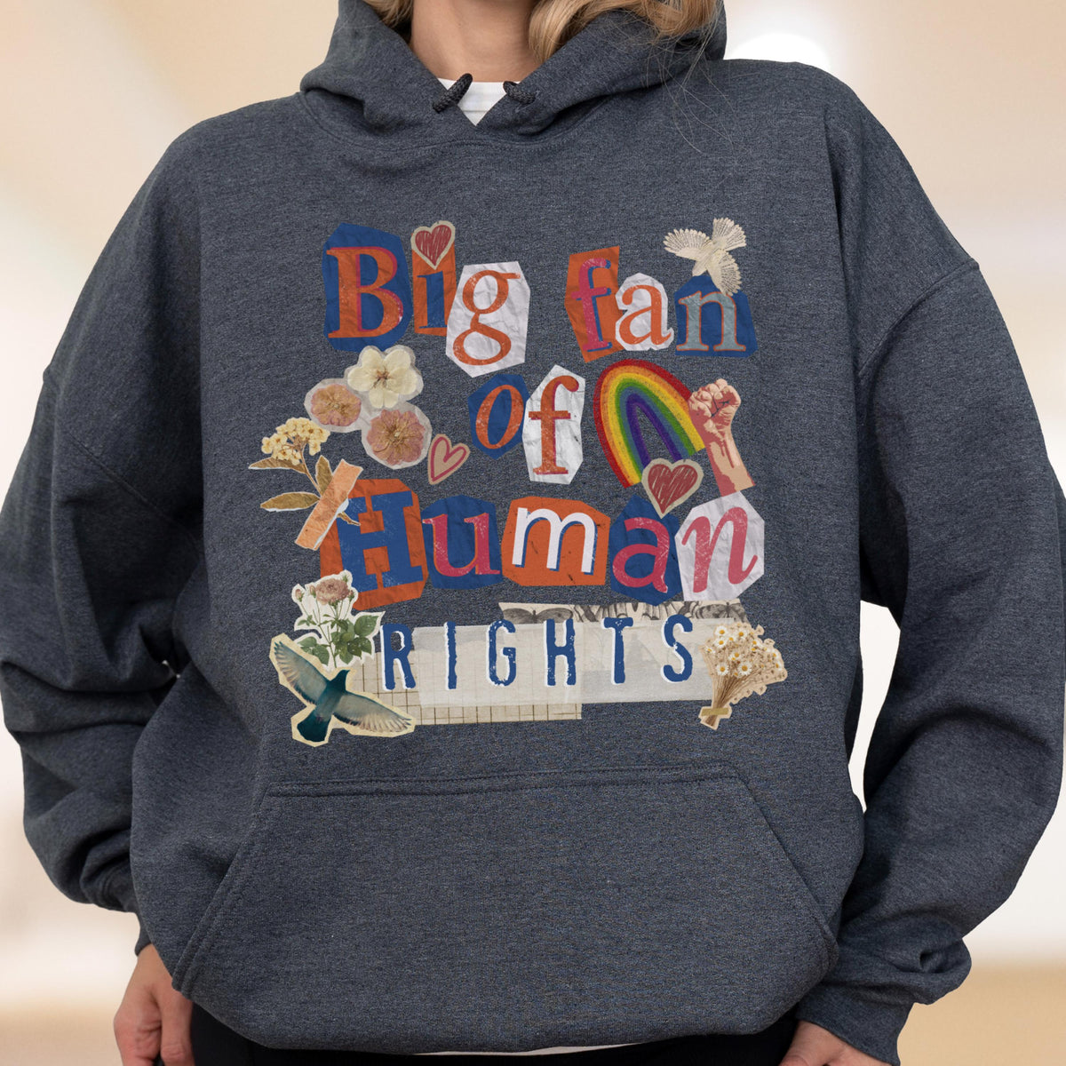 May include: Dark gray hoodie with a front graphic that reads "Big fan of Human Rights" in a collage style. The design includes a rainbow, hearts, flowers, and a raised fist.