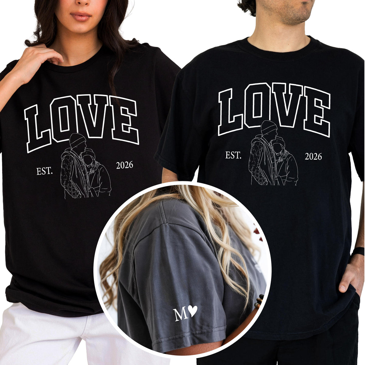 May include: Black t-shirts with the word "LOVE" in white block letters, a line drawing of a couple, and the text "EST. 2026." One shirt has "M" and a heart on the sleeve. The shirts are likely for couples.