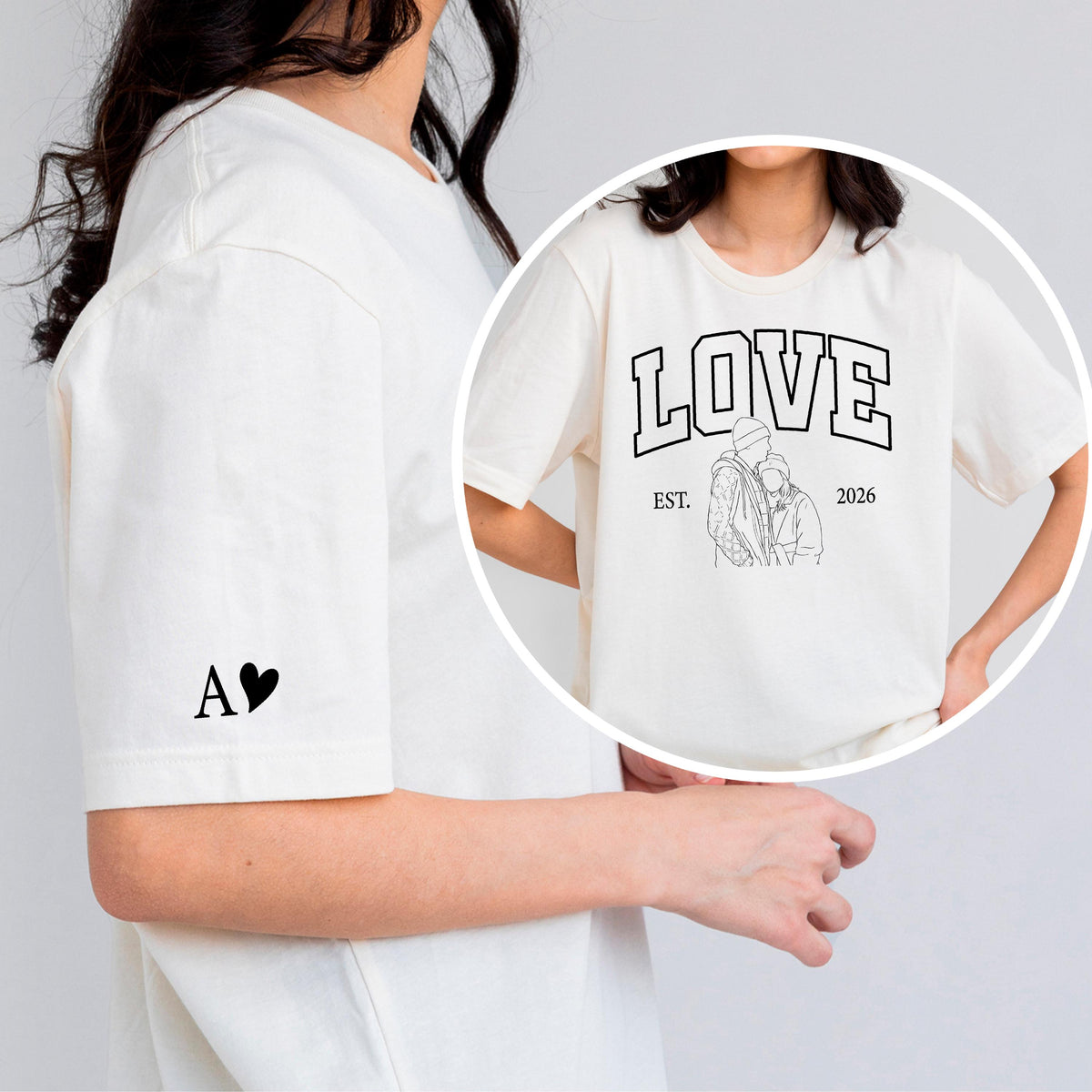 May include: Cream-colored t-shirt featuring the word "LOVE" in bold, black, collegiate-style lettering above a line drawing of two people embracing. The shirt also has the text "EST. 2026". The left sleeve has the letter "A" and a heart.