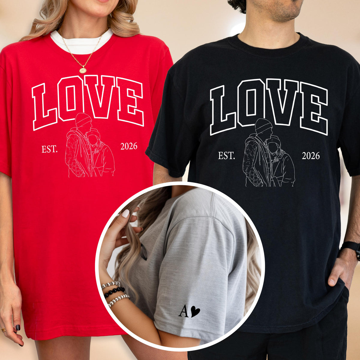 May include: Red and black t-shirts with the word "LOVE" in white block letters. Each shirt features a line drawing of a couple and the text "EST. 2026". A gray t-shirt has the initials "A" and a heart on the sleeve.