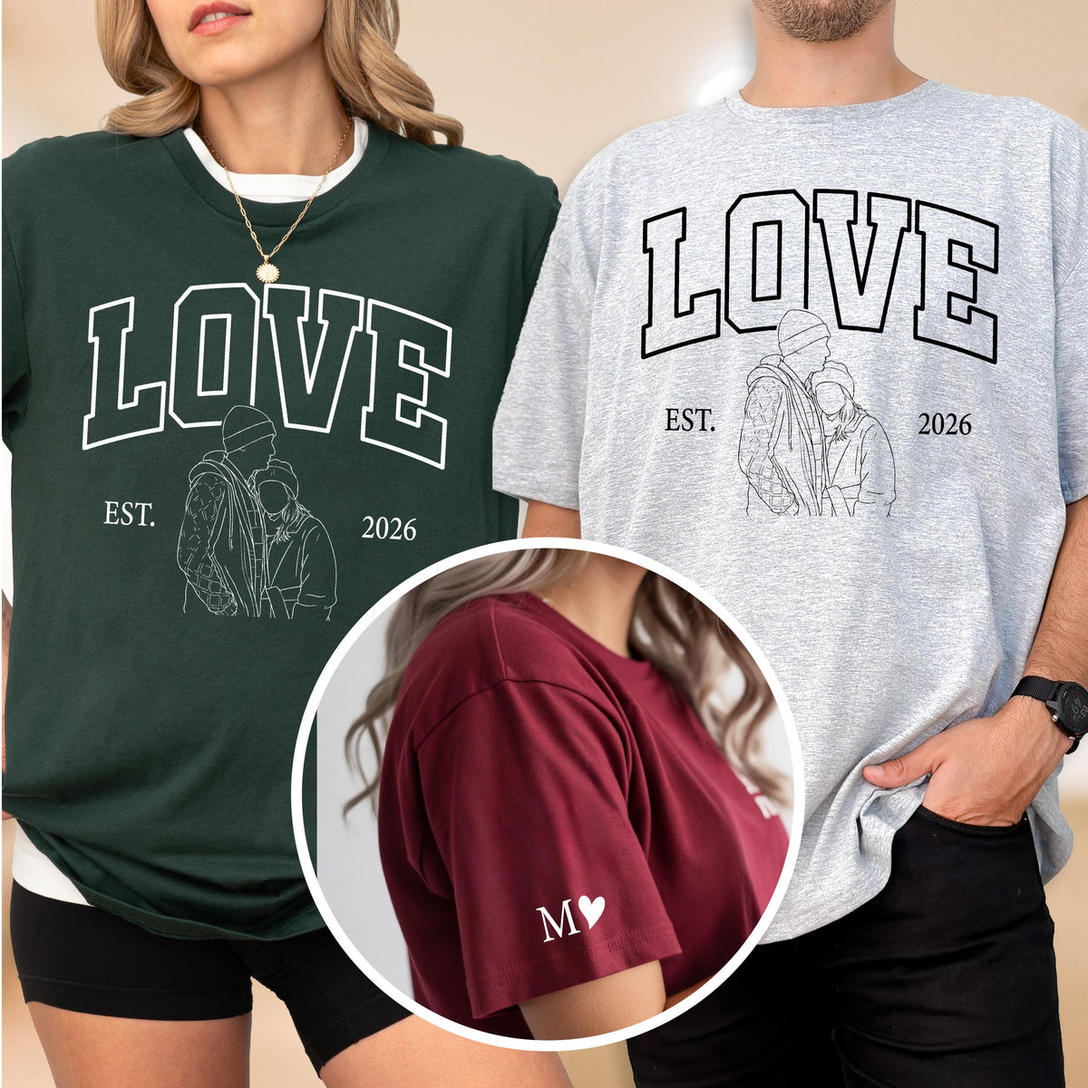 May include: Matching dark green and gray t-shirts with the word "LOVE" in white block letters. Each shirt features a line drawing of a couple and the year "2026". A close-up shows a burgundy shirt with "M" and a heart.