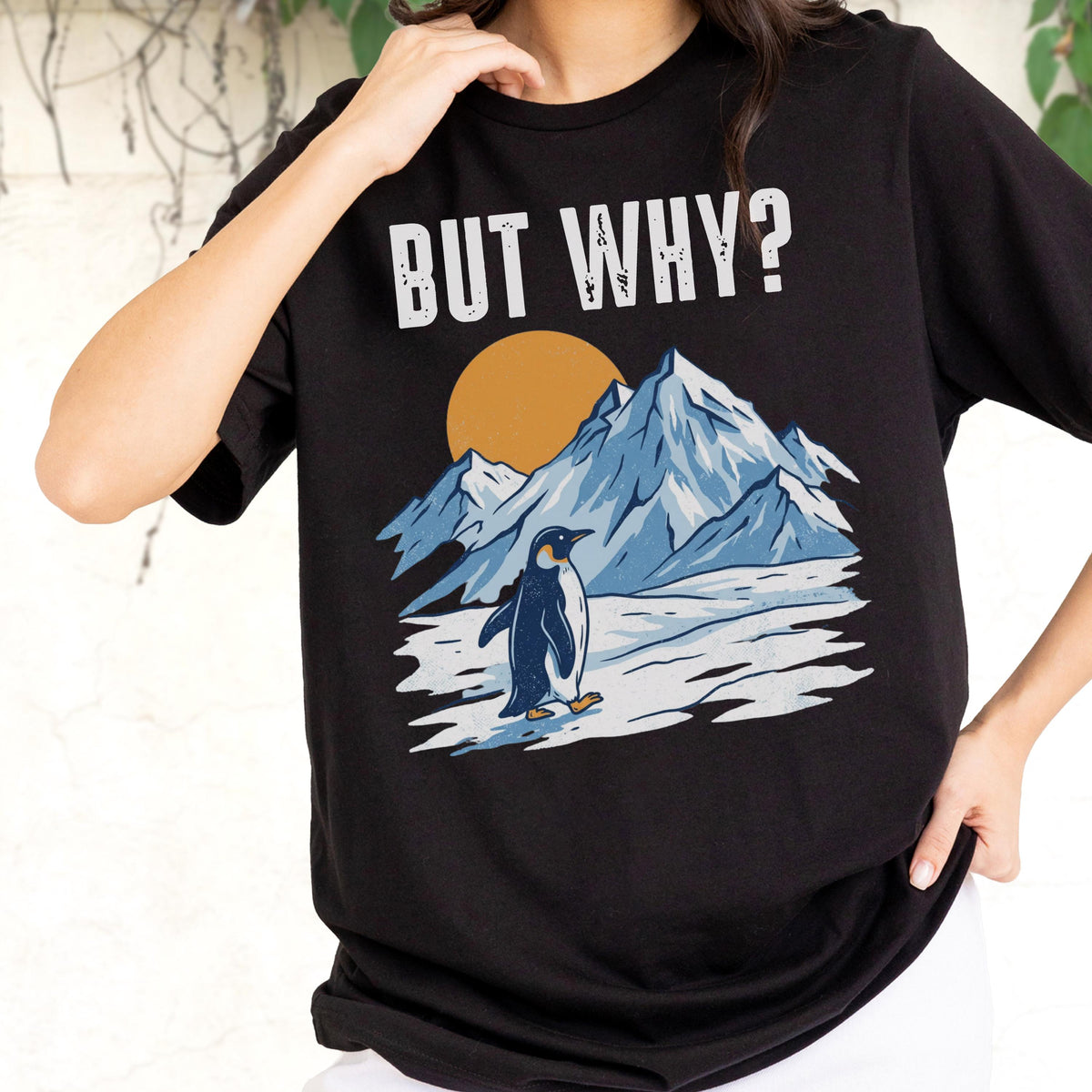 May include: Black t-shirt with a graphic of a penguin in a snowy landscape, mountains, and a sun. The text "BUT WHY?" is printed above the graphic in white.