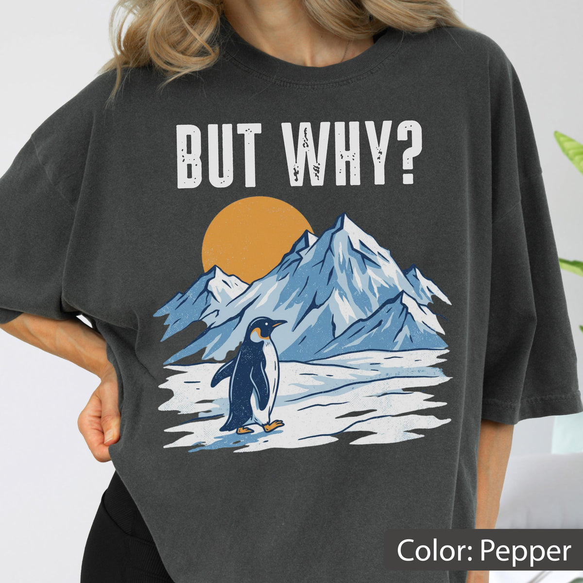 May include: Pepper-colored t-shirt with a graphic featuring a penguin, mountains, and a sun. The text "BUT WHY?" is printed above the graphic. The shirt has short sleeves and a relaxed fit.