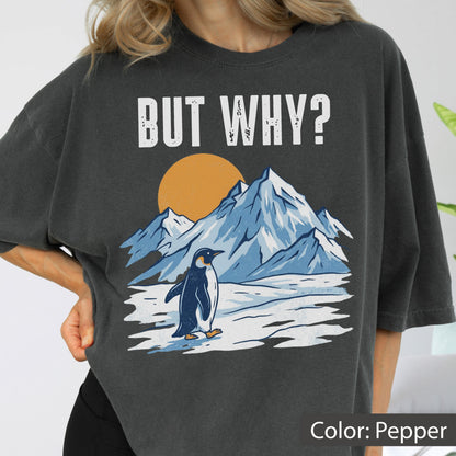 May include: Pepper-colored t-shirt with a graphic featuring a penguin, mountains, and a sun. The text "BUT WHY?" is printed above the graphic. The shirt has short sleeves and a relaxed fit.