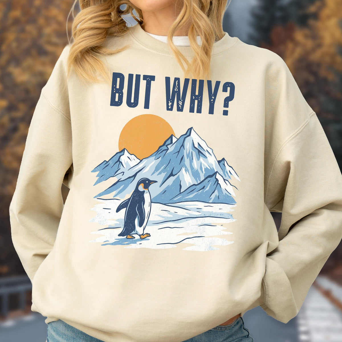 May include: Beige sweatshirt with a graphic of a penguin walking in front of snow-covered mountains and a setting sun. The text "BUT WHY?" is printed above the mountains in navy blue.