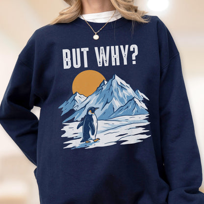May include: Navy blue sweatshirt with a graphic of a penguin in front of a mountain range and a setting sun. The text "BUT WHY?" is printed above the graphic in white block letters.