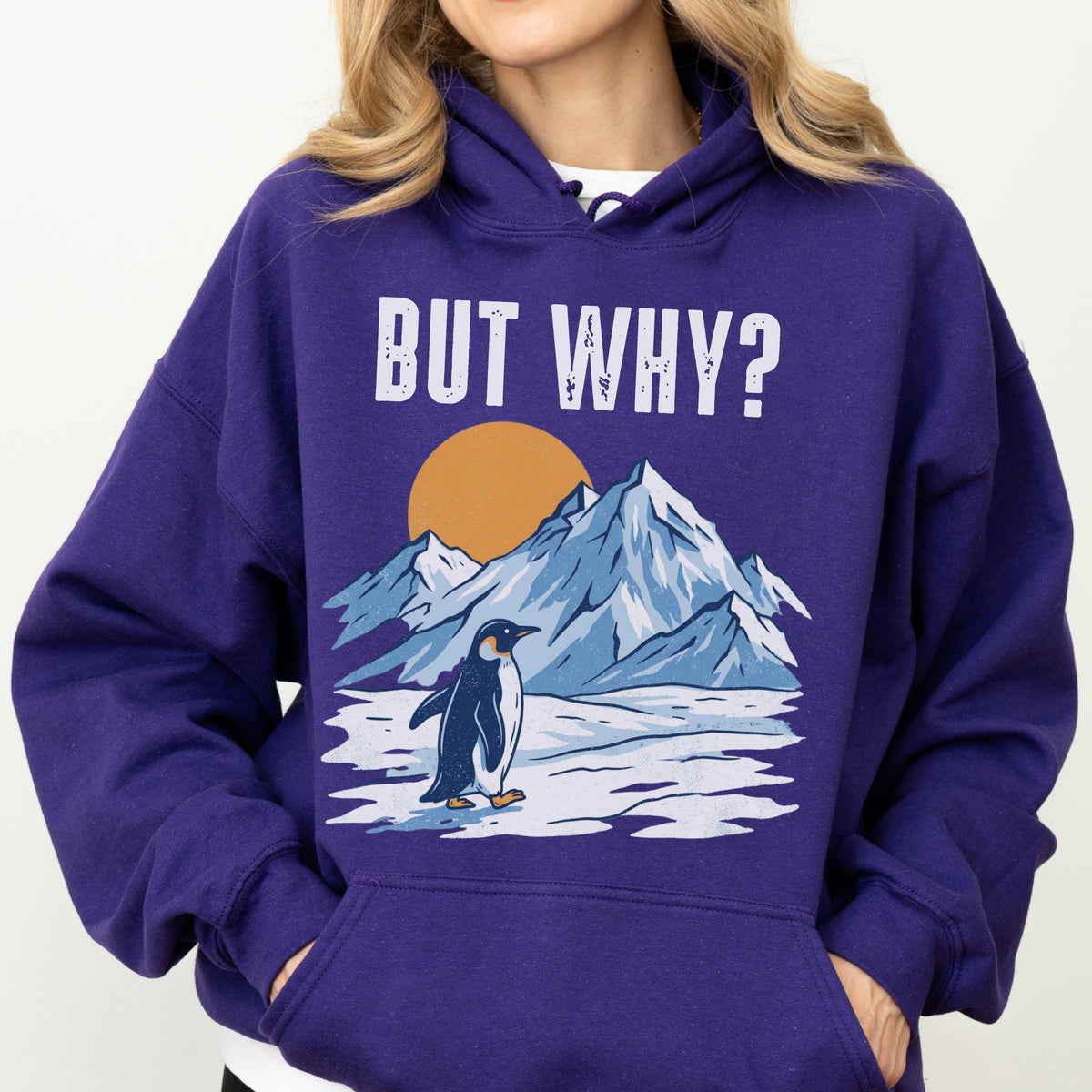 May include: A purple hoodie with a graphic of a penguin standing in front of snow-covered mountains and a setting sun. The text "BUT WHY?" is above the graphic. The hoodie has a hood and a front pocket.