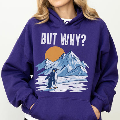 May include: A purple hoodie with a graphic of a penguin standing in front of snow-covered mountains and a setting sun. The text "BUT WHY?" is above the graphic. The hoodie has a hood and a front pocket.