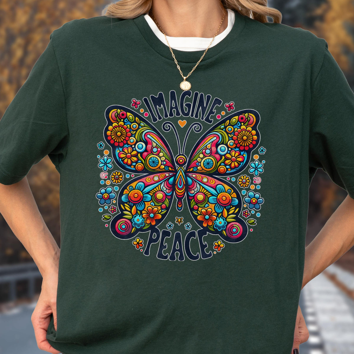 Imagine Peace Shirt, Colorful Butterfly Graphic Tee, Hippie Boho Style T-Shirt, Floral Retro Gift Top, Positive Message Shirt Gift