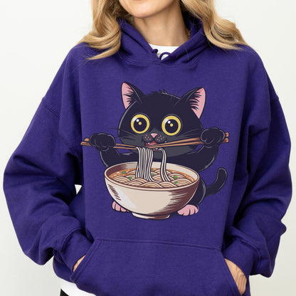 May include: A purple hoodie featuring a cartoon black cat eating ramen noodles with chopsticks. The cat has large yellow eyes and pink ears and paws. The ramen bowl is beige and brown.