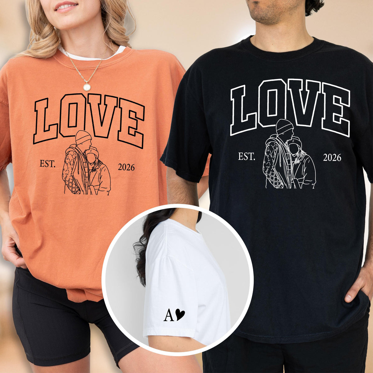 May include: Two t-shirts, one orange and one black, each with the word "LOVE" in a collegiate font. Below the word is a line drawing of a couple and the text "EST. 2026". A white t-shirt has a heart and the letter "A" on the sleeve.