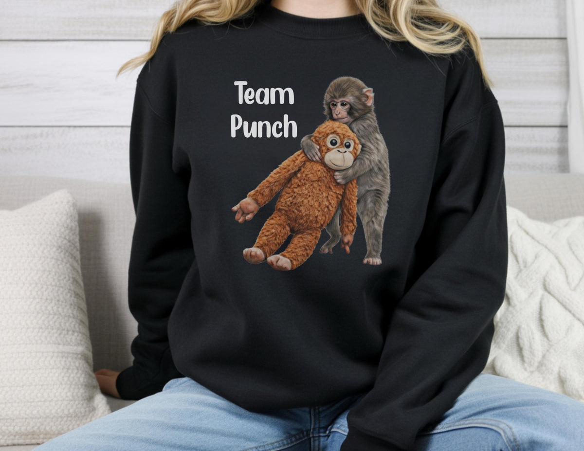 May include: Black sweatshirt featuring a graphic of two monkeys hugging. One monkey is brown, the other is gray. The text "Team Punch" is printed in white above the monkeys. The sweatshirt is made of a soft material.