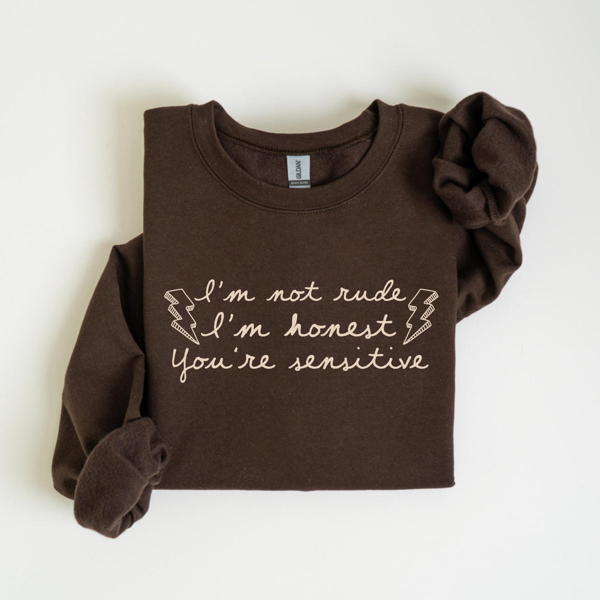 May include: A dark brown sweatshirt with the text "I'm not rude, I'm honest, You're sensitive" in a light pink script. The design includes lightning bolt graphics. The sweatshirt is folded.