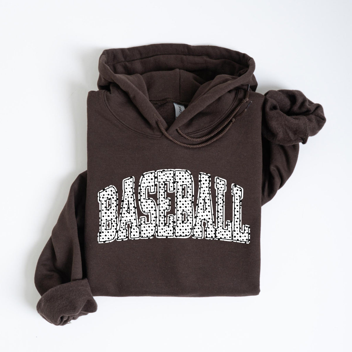 May include: A dark brown hoodie with the word "BASEBALL" in large white letters across the front. The letters are filled with a dotted pattern. The hoodie has a drawstring hood and long sleeves.