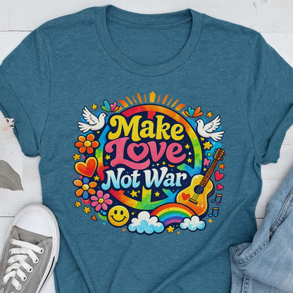 May include: Teal t-shirt with a colorful graphic that says "Make Love Not War." The design includes a peace sign, rainbow, guitar, flowers, doves, and a smiley face. The shirt is made of a soft material.