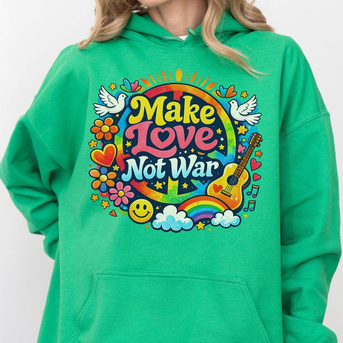 May include: Green hoodie with a colorful graphic that says "Make Love Not War." The design includes a rainbow, guitar, flowers, doves, and a smiley face. The hoodie is made of a soft material.