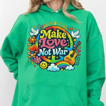 May include: Green hoodie with a colorful graphic that says "Make Love Not War." The design includes a rainbow, guitar, flowers, doves, and a smiley face. The hoodie is made of a soft material.