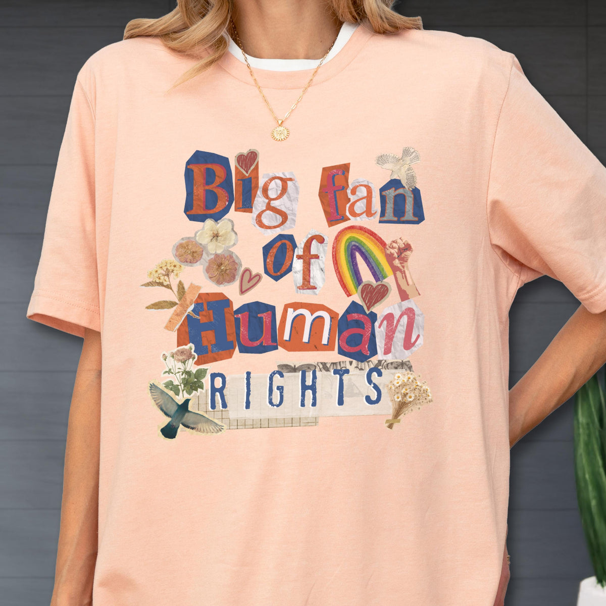 May include: Peach-colored t-shirt with the text "Big fan of Human Rights" in a collage style. The design includes a rainbow, flowers, and a dove. The shirt has a white collar.