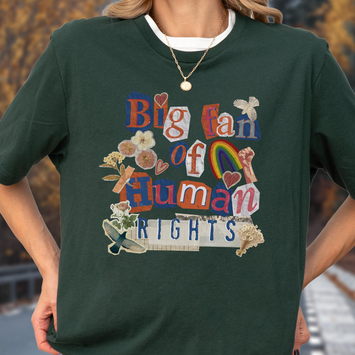 May include: Dark green t-shirt with the text "Big fan of Human Rights" in a collage style. The design includes a rainbow, hearts, flowers, and a raised fist. The shirt has a white crew neck.