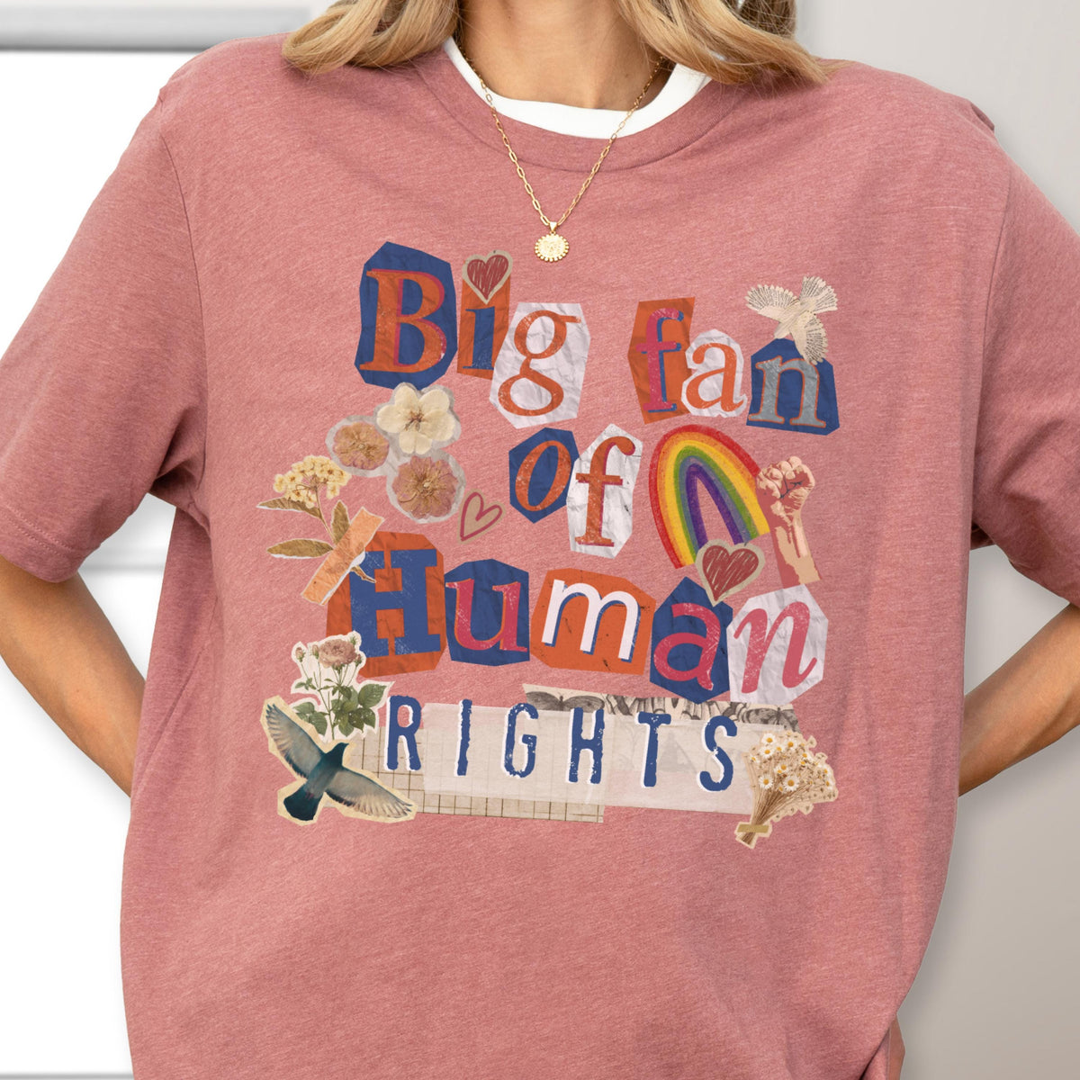 May include: A dusty rose t-shirt with the text "Big fan of Human Rights" in a collage style. The design includes a rainbow, hearts, flowers, and a hummingbird. The shirt has short sleeves and a crew neck.