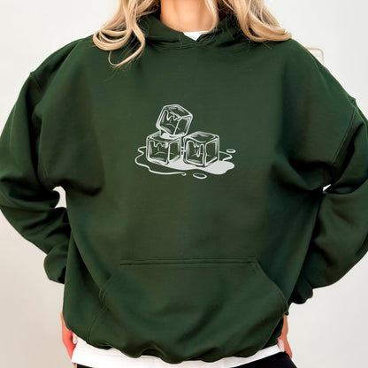 May include: Dark green hoodie with a white graphic of three melting ice cubes. The hoodie has a front pocket and a hood. The graphic is located on the upper left chest area.