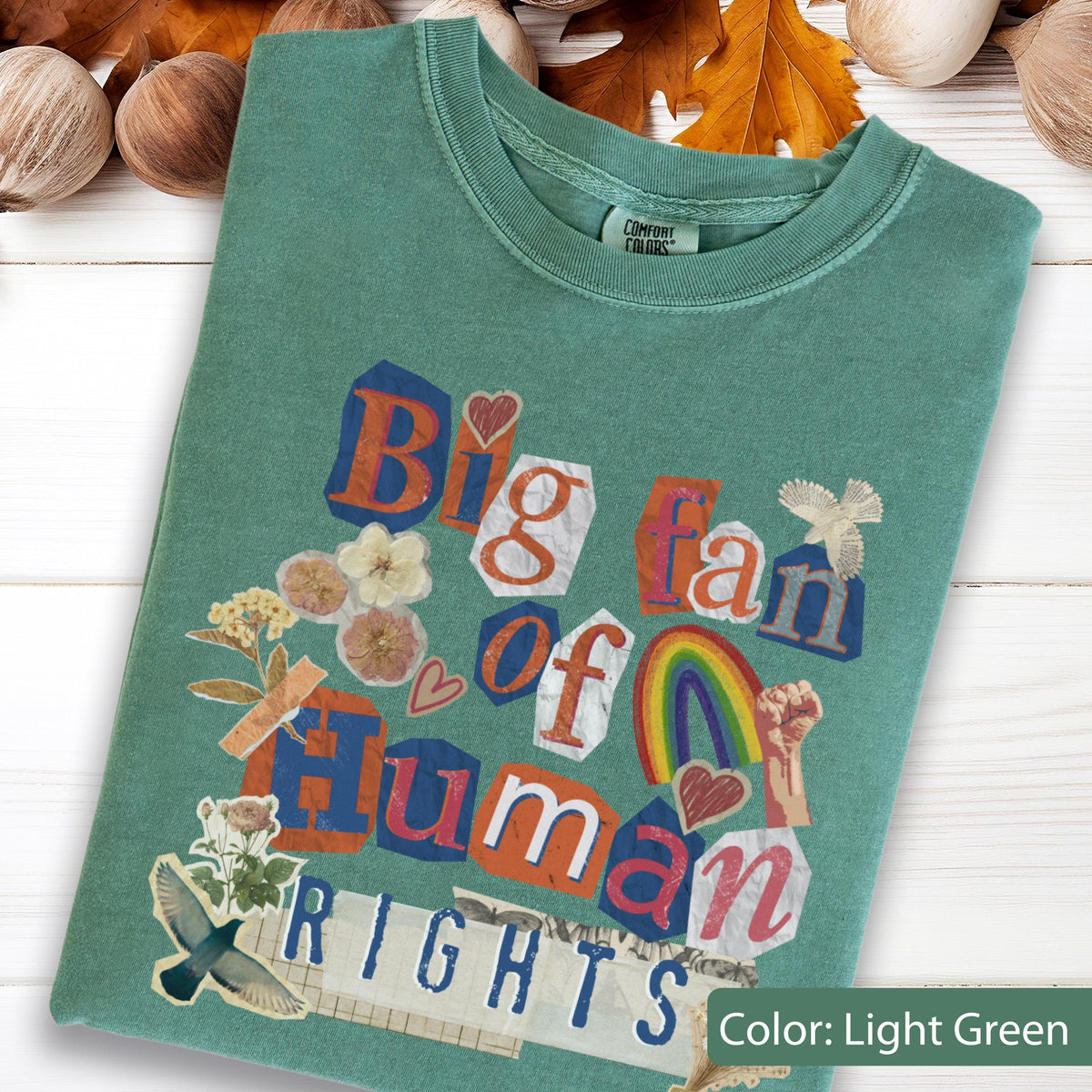 May include: Light green t-shirt with the text "Big fan of Human Rights" in a collage style. The design includes a rainbow, flowers, and a raised fist. The shirt is made of a soft material.