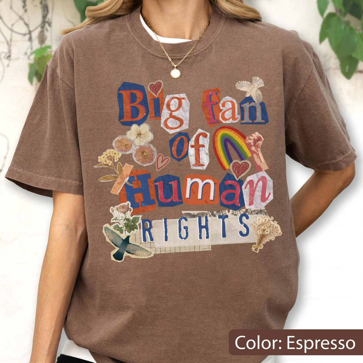 May include: Espresso-colored t-shirt with the text "Big fan of Human Rights" in a collage style. The design includes a rainbow, hearts, flowers, and a raised fist. The shirt has a crew neck and short sleeves.
